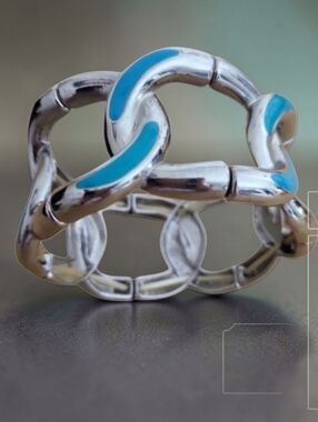 Silver Tone Turquoise Enamel Chunky Link Stretch Bracelet Statement